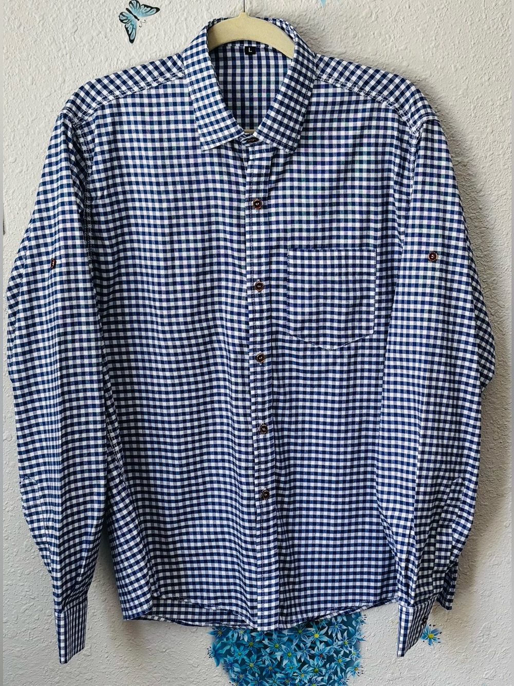 Men's Blue and White Gingham Button-Down Shirt